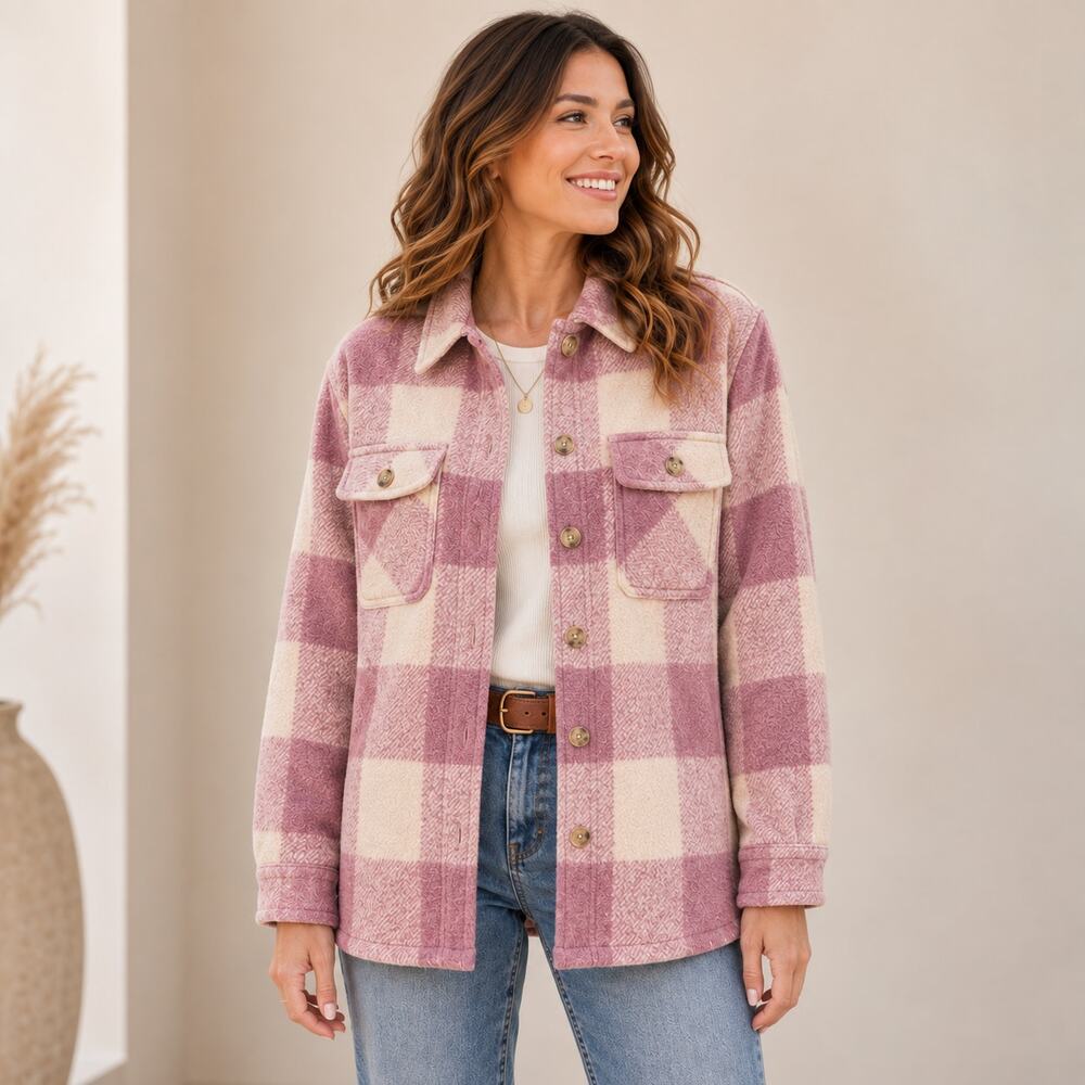 Entro Womens Small Mauve Pink Plaid Shacket Button Front Fall Shirt Jacket Cozy